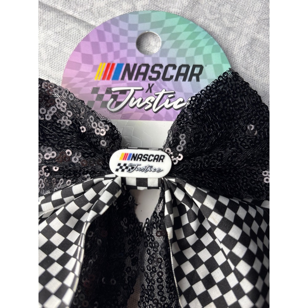 Justice NASCAR Hair Bow Girls Black White Checkered Sequin Barrette Racingcore - Picture 3 of 5